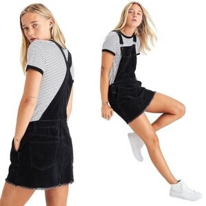 American Eagle AE Black Corduroy Frayed Hem Overall Mini Dress Size Medium